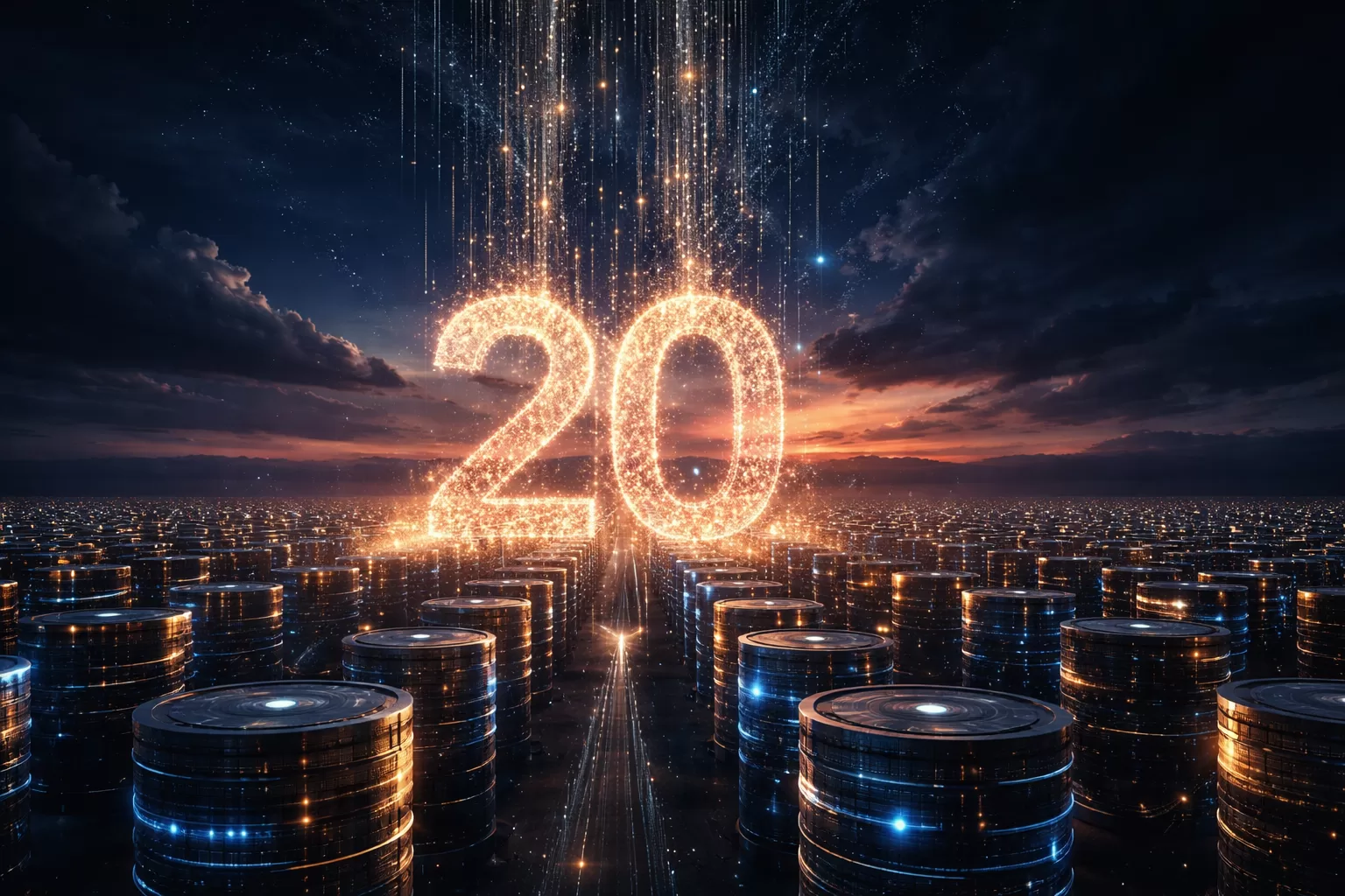 AWS S3 complete guide — 20 years of Amazon S3 cloud storage visualised as a vast digital landscape of glowing data
